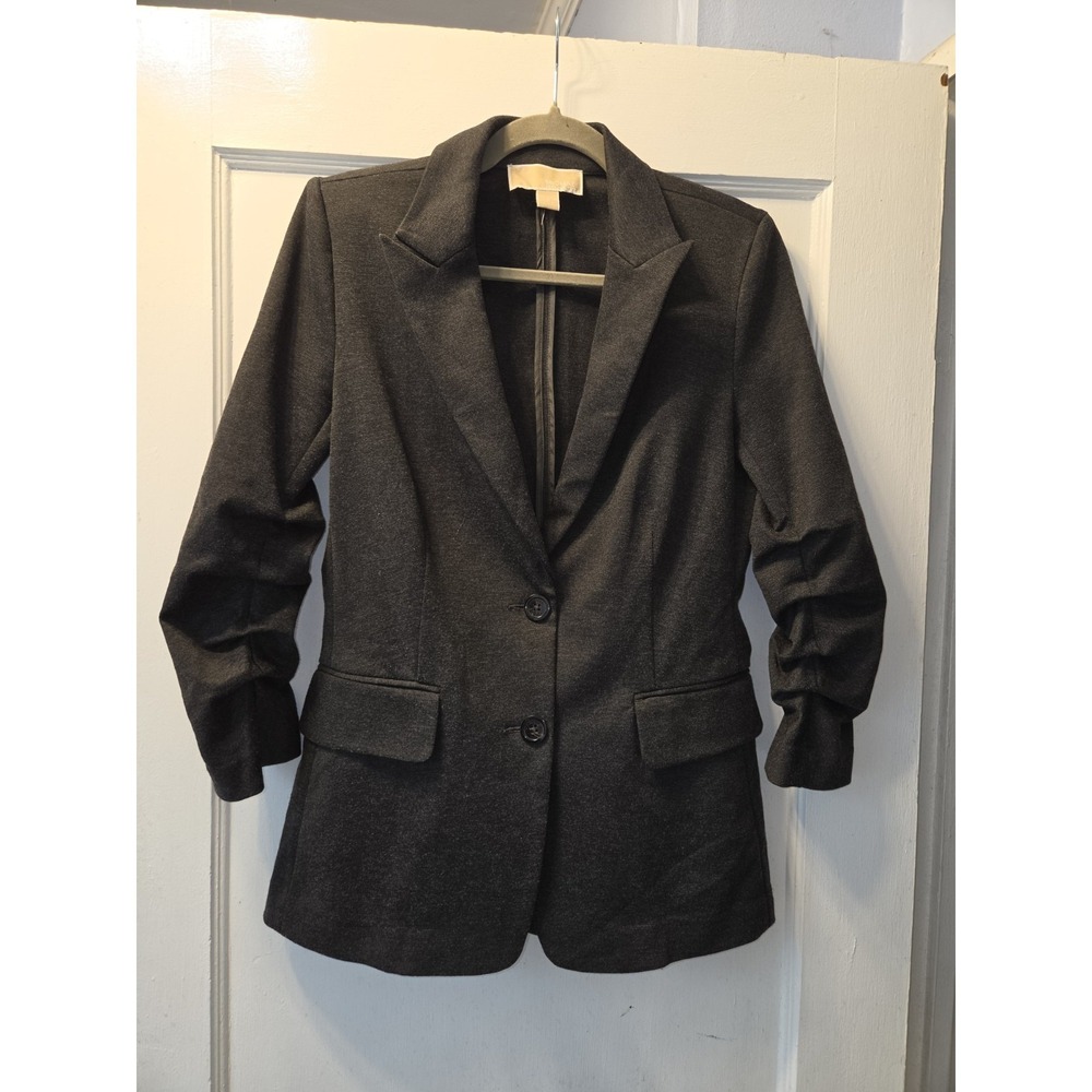 Michael Kors Grey Suit Jacket 3/4 Ruched Sleeves. 2 Button Closure Stretch. S